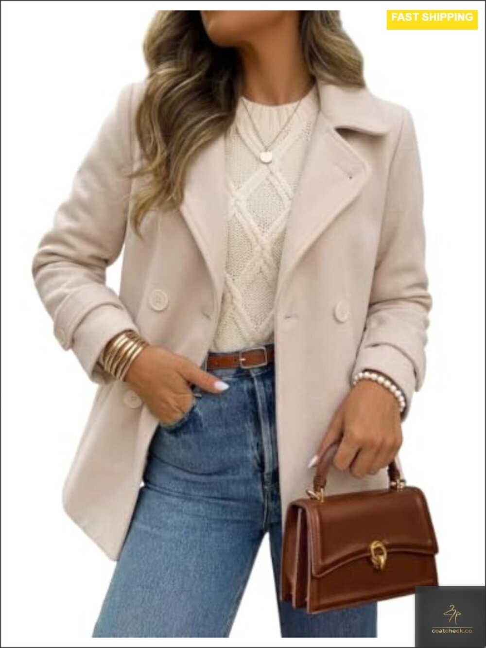 Women's Double Breasted Wool Blend Peacoat with Turn Down Collar & Side Pockets